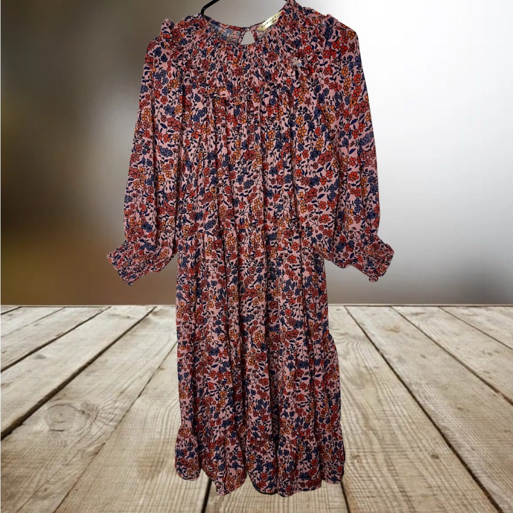 eShakti Pink Floral Ruffled 3/4 Sleeve Dress